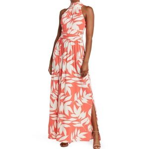 NWT Eliza J Halter Neck Maxi Cocktail Dress Coral Tropical Leaves‎ Floral sz 10